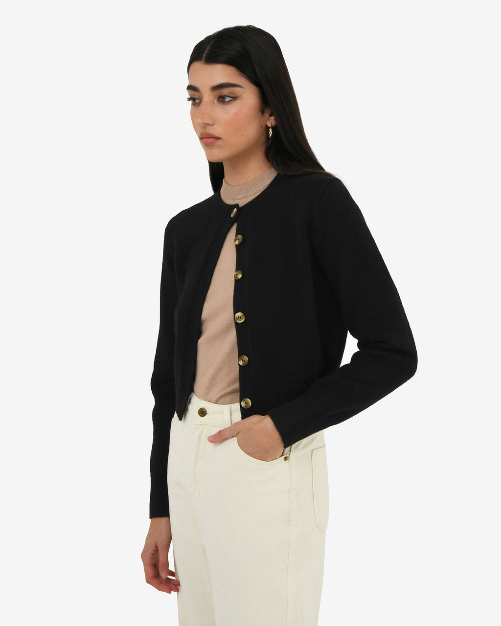 Alina Button Cardigan in black — side view