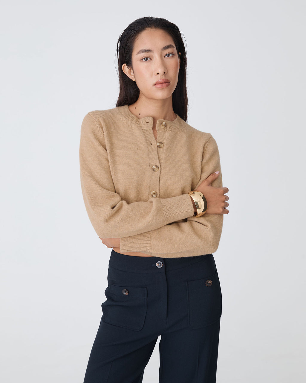 Alina Button Cardigan in camel — close-up view 2
