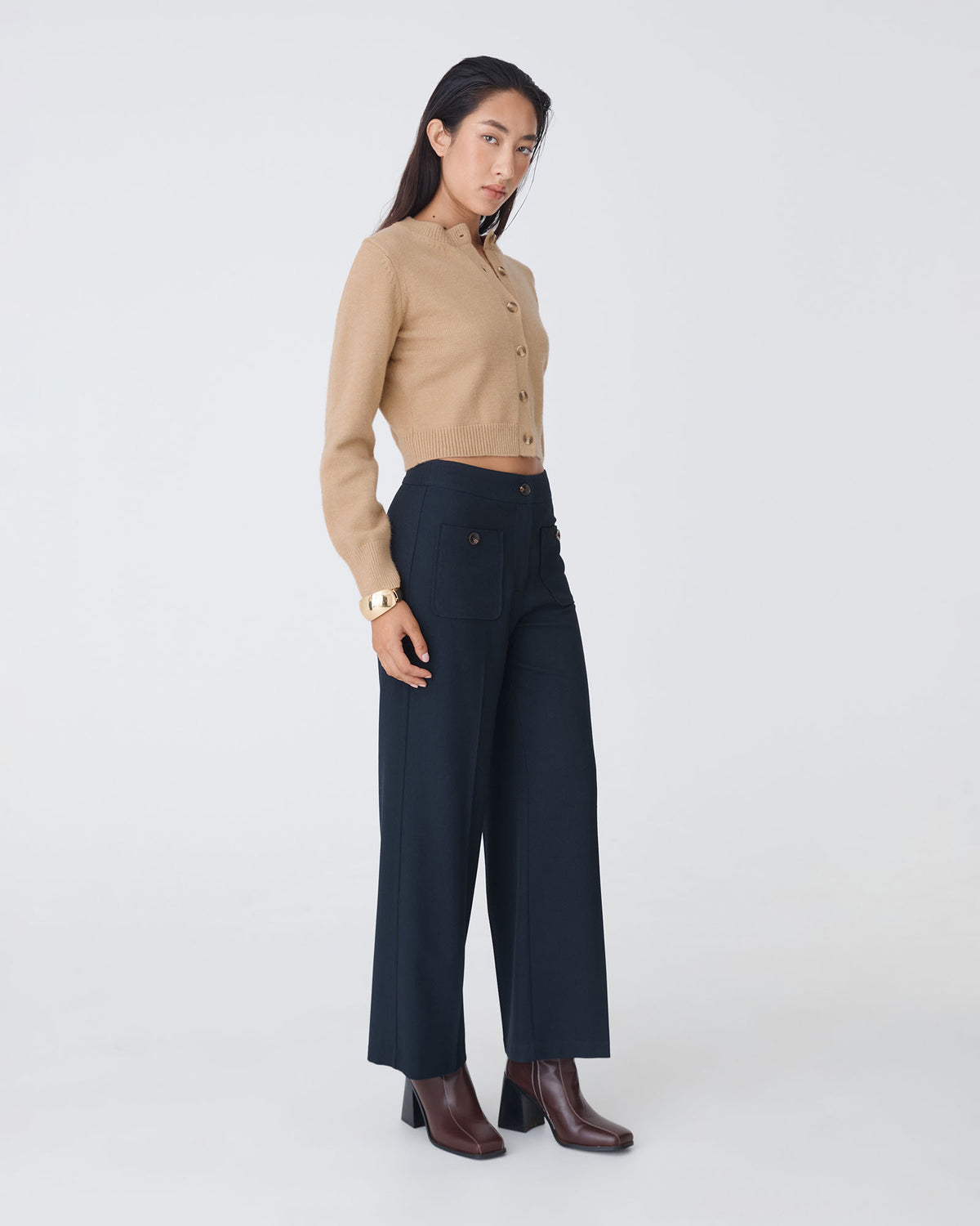 Alina Button Cardigan in camel — side view