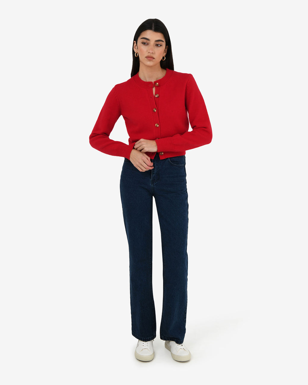 Alina Button Cardigan in red — full-length view