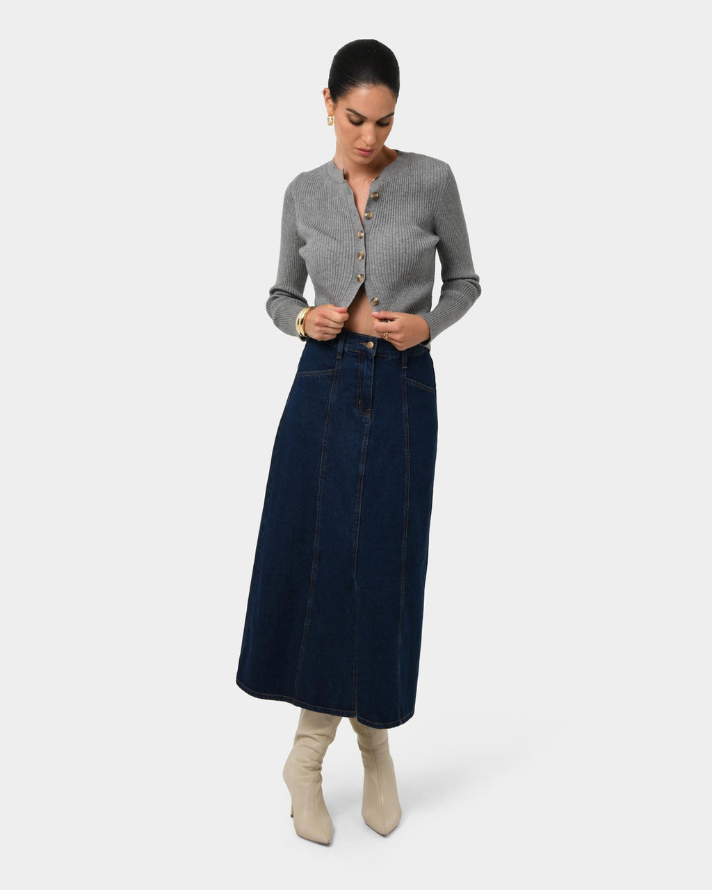Abaya Button Crop Knit in grey — full-length view