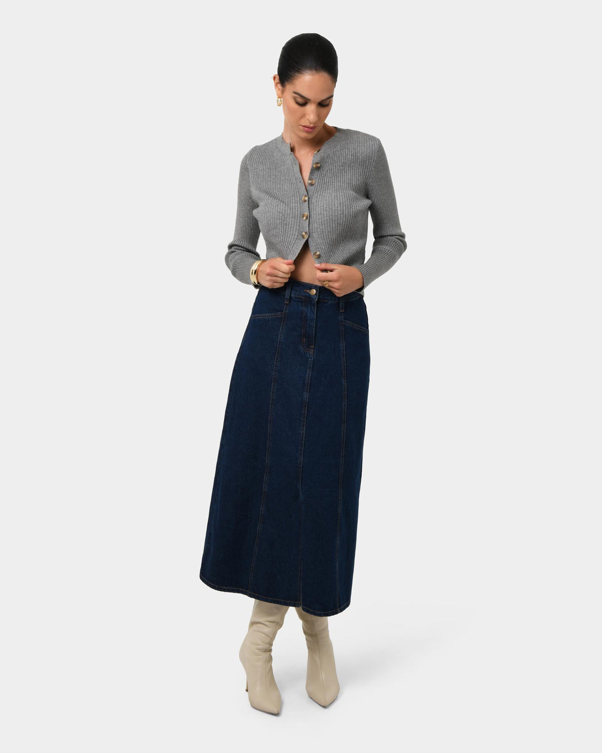 Abaya Button Crop Knit in grey — full-length view