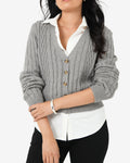 Rhodes Cable Knit Cardigan in grey — close-up view