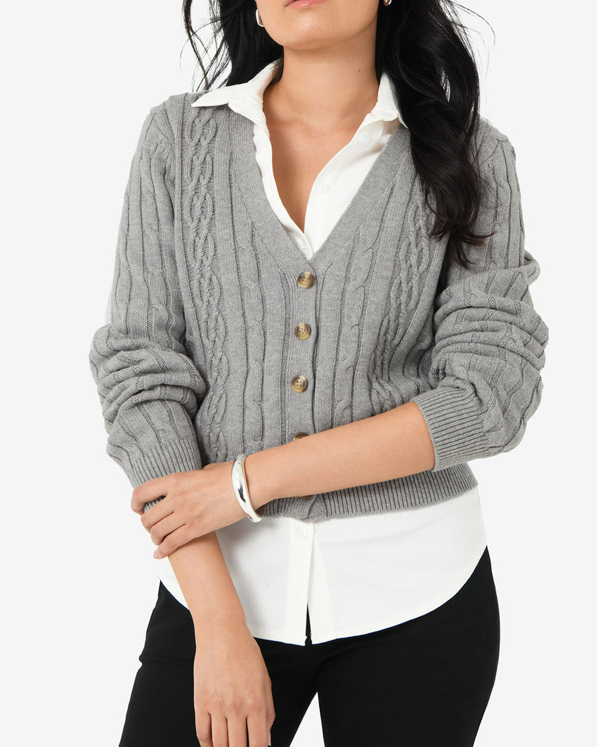 Rhodes Cable Knit Cardigan in grey — close-up view