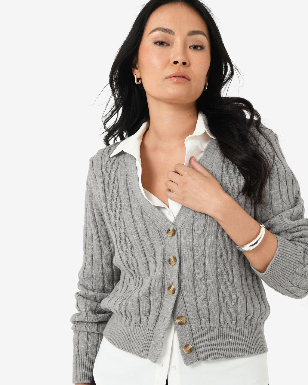 Rhodes Cable Knit Cardigan in grey — close-up view 2
