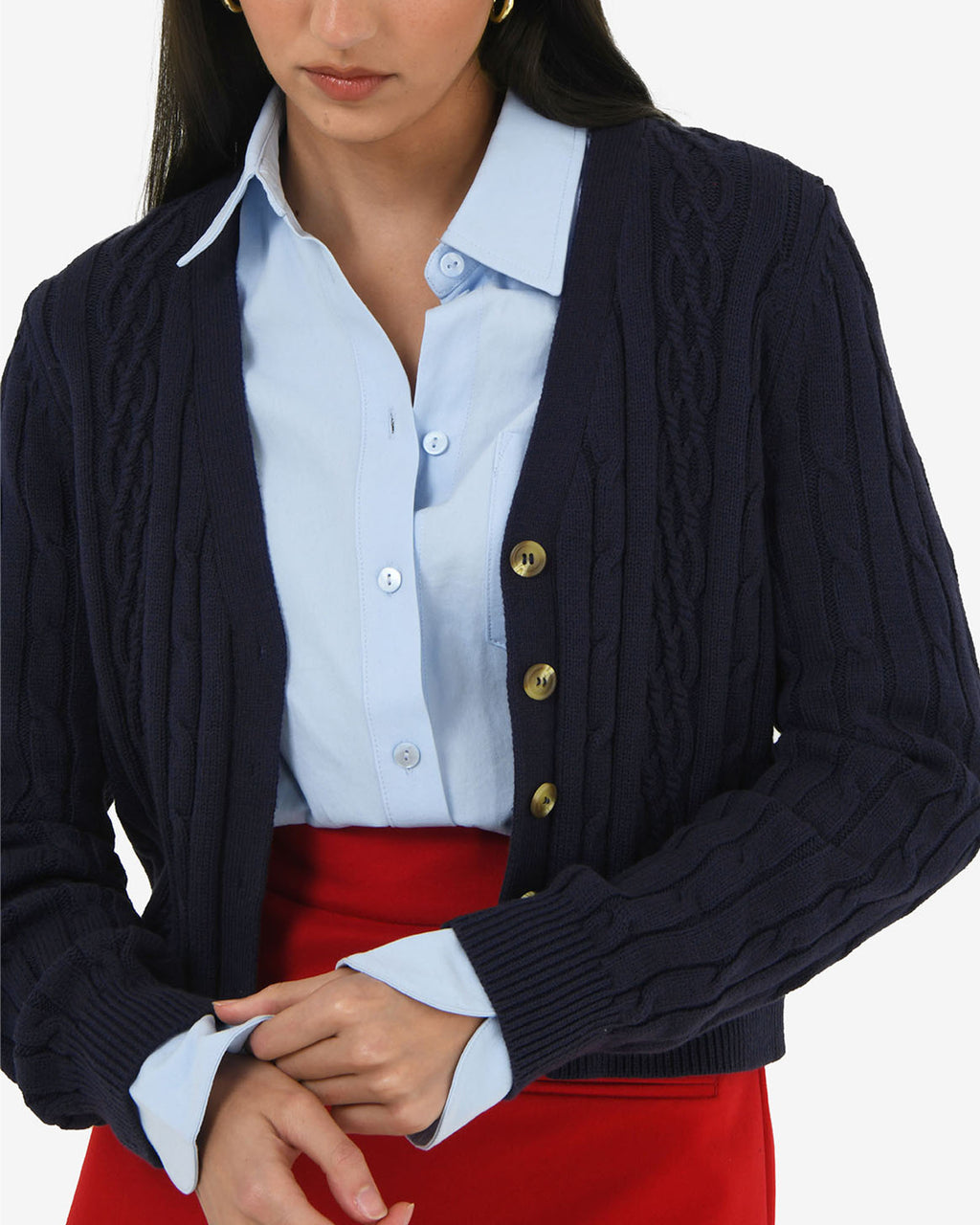 Rhodes Cable Knit Cardigan in navy — fabric detail
