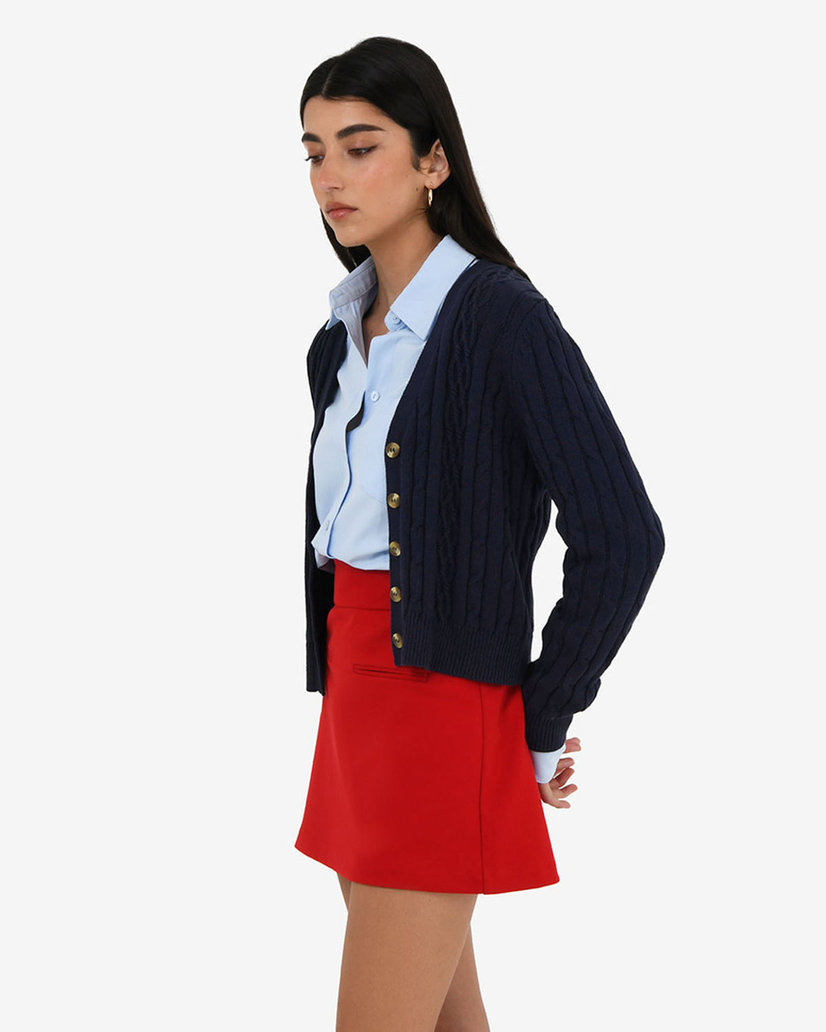 Rhodes Cable Knit Cardigan in navy — side view