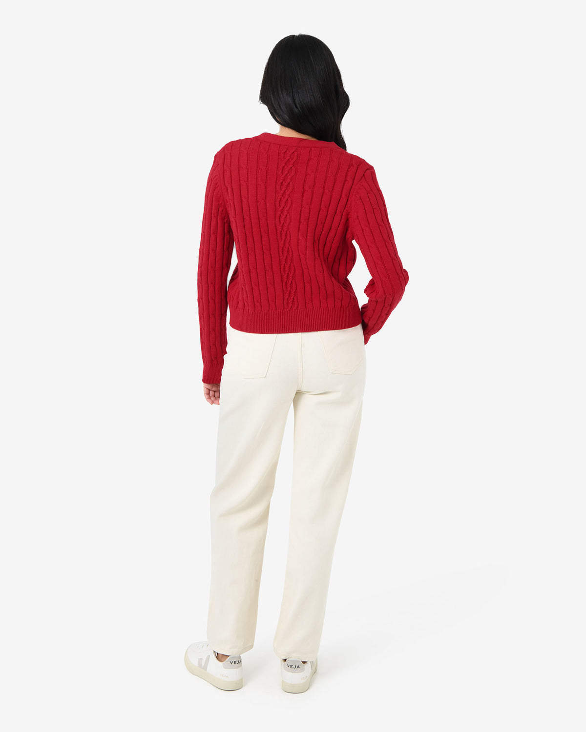 Rhodes Cable Knit Cardigan in red — back view