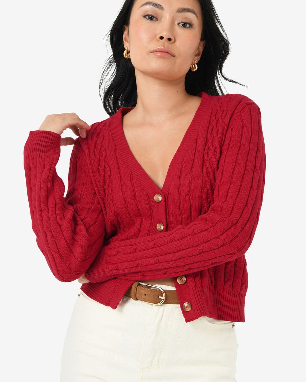 Rhodes Cable Knit Cardigan in red — close-up view