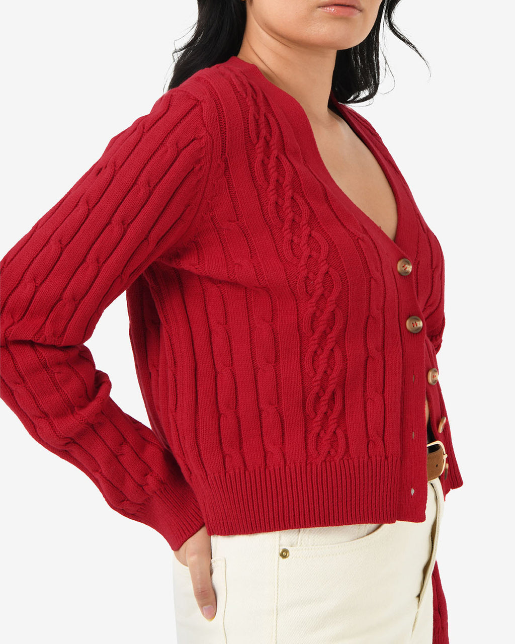 Rhodes Cable Knit Cardigan in red — side view