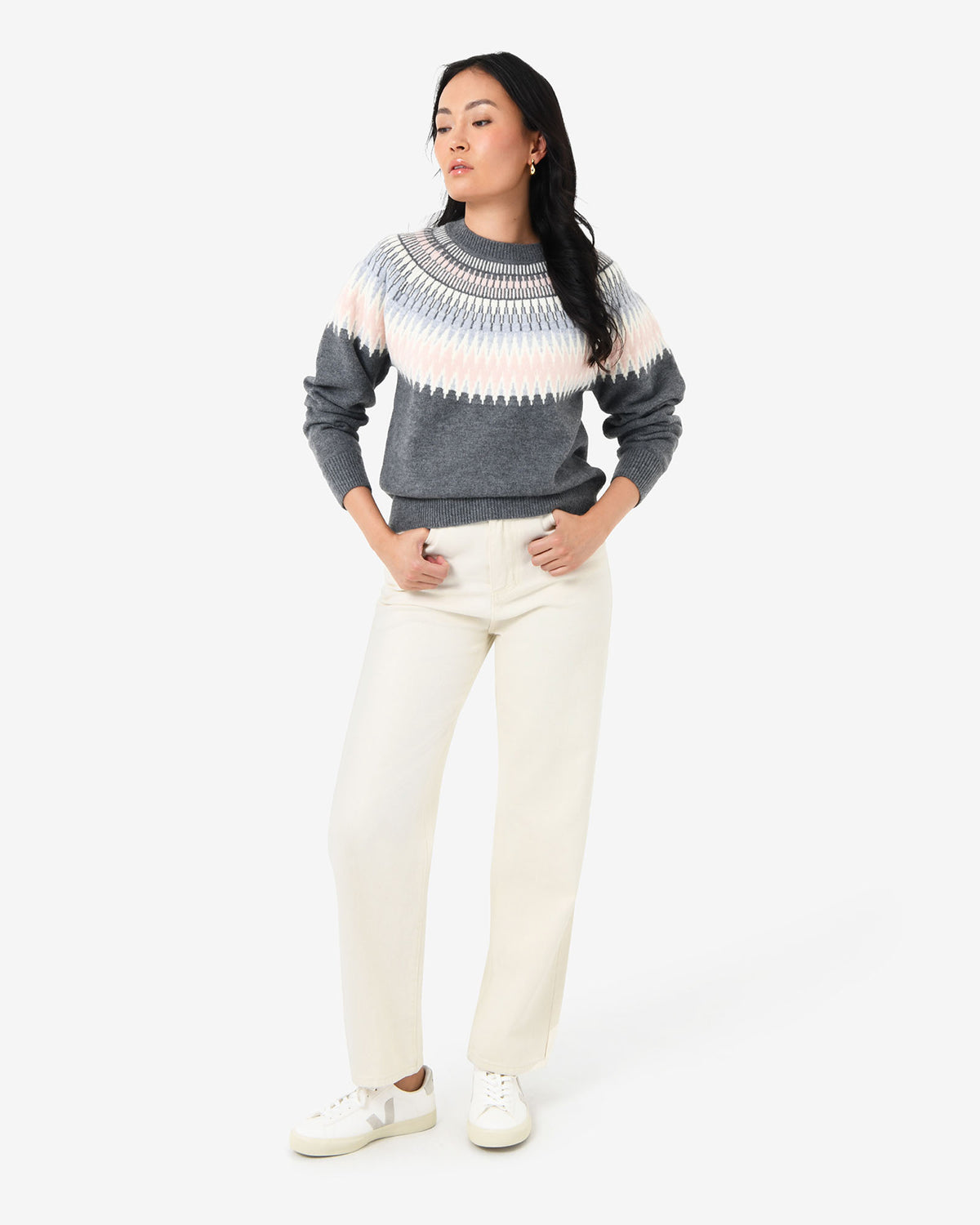 Natasha Fair Isle Sweater in pink charcoal — full-length view