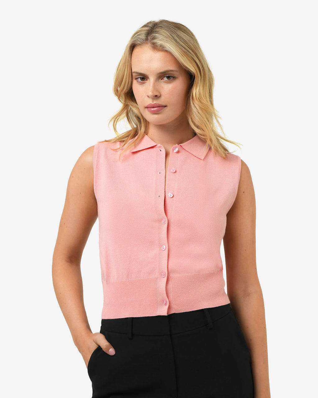 Collins Collar Knit Top in blush pink — close-up view