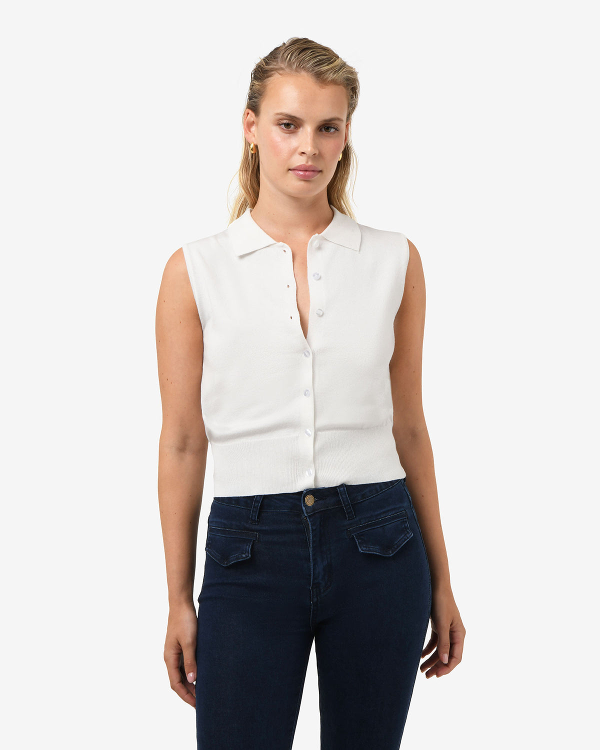 Collins Collar Knit Top in ivory — close-up view