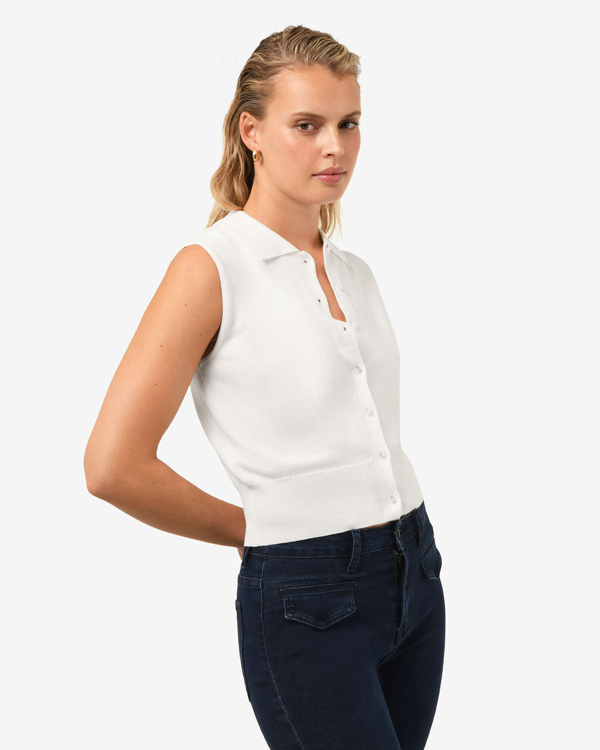 Collins Collar Knit Top in ivory — side view