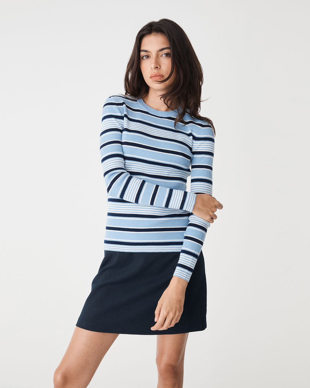 Jenny Wool Blend Knit in blue stripe — close-up view