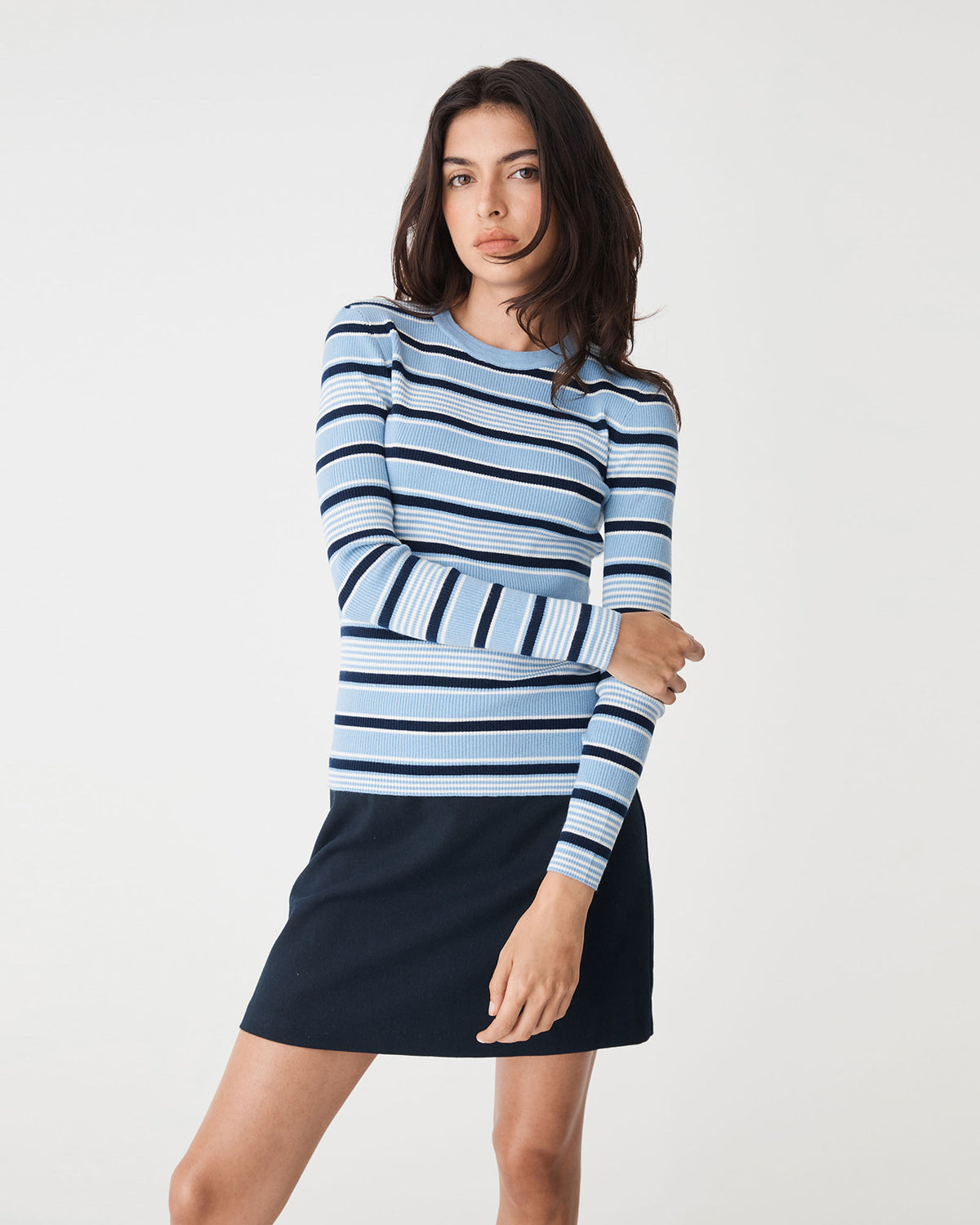 Jenny Wool Blend Knit in blue stripe — close-up view