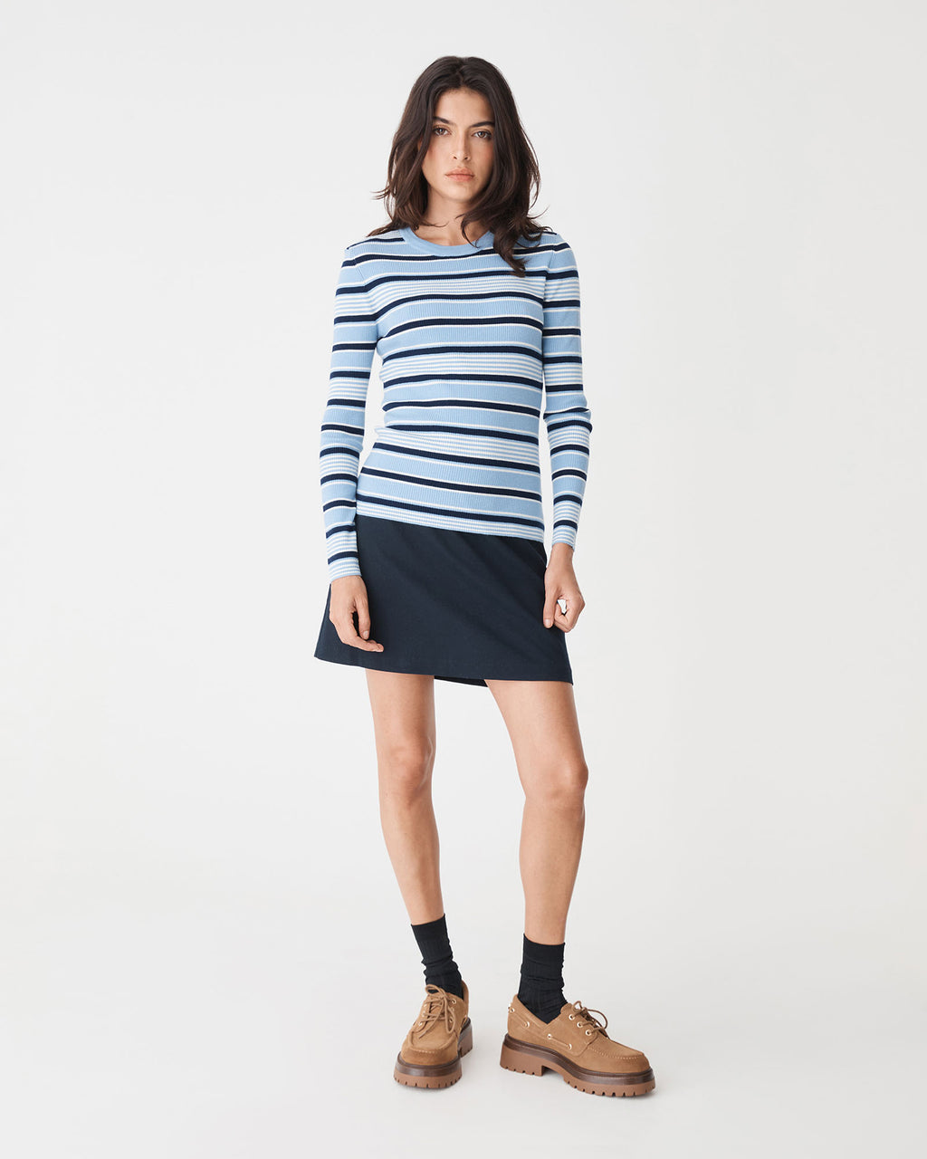Jenny Wool Blend Knit in blue stripe — full-length view