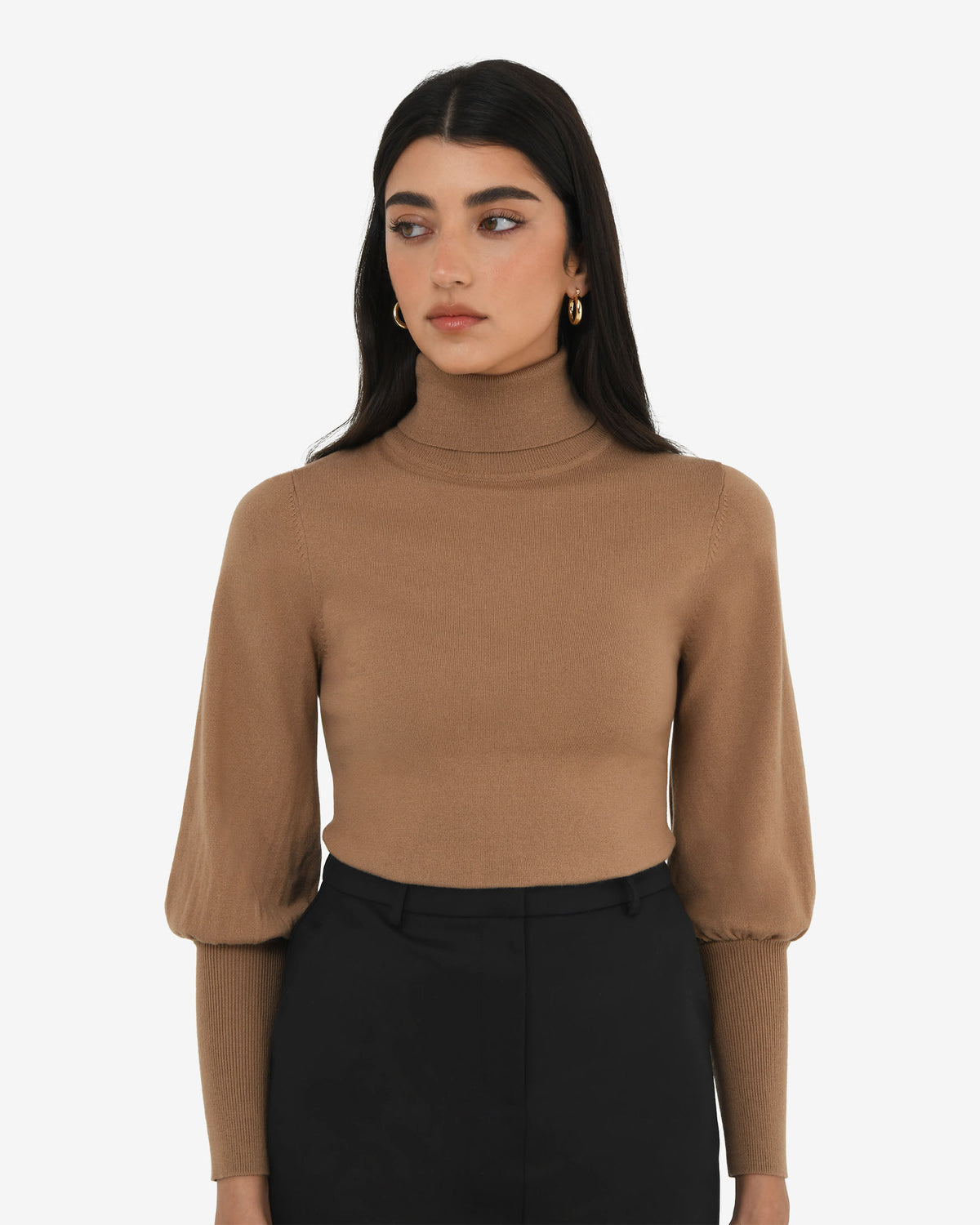 Nolan High Neck Knit in camel — close-up view