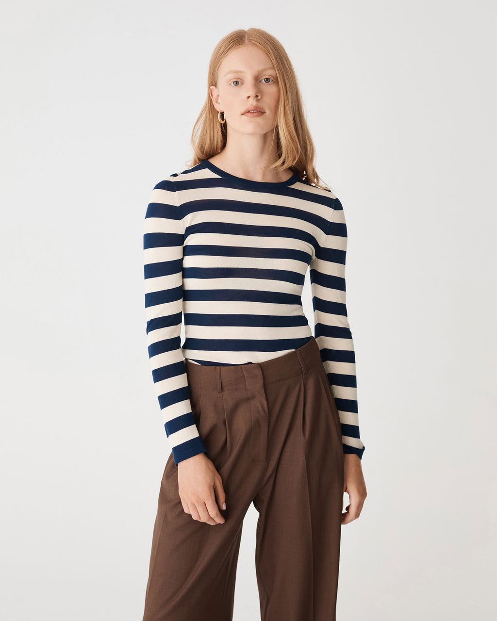 Lana Stripe Knit Top in navy cream — close-up view
