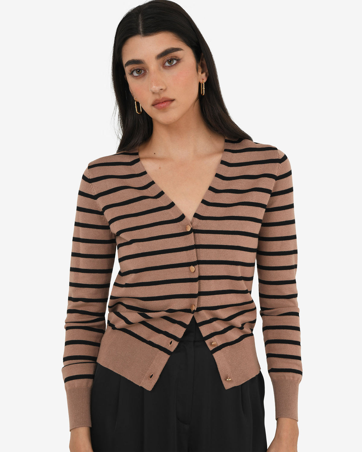 Arabell V-neck Stripe Cardigan in beige black — close-up view