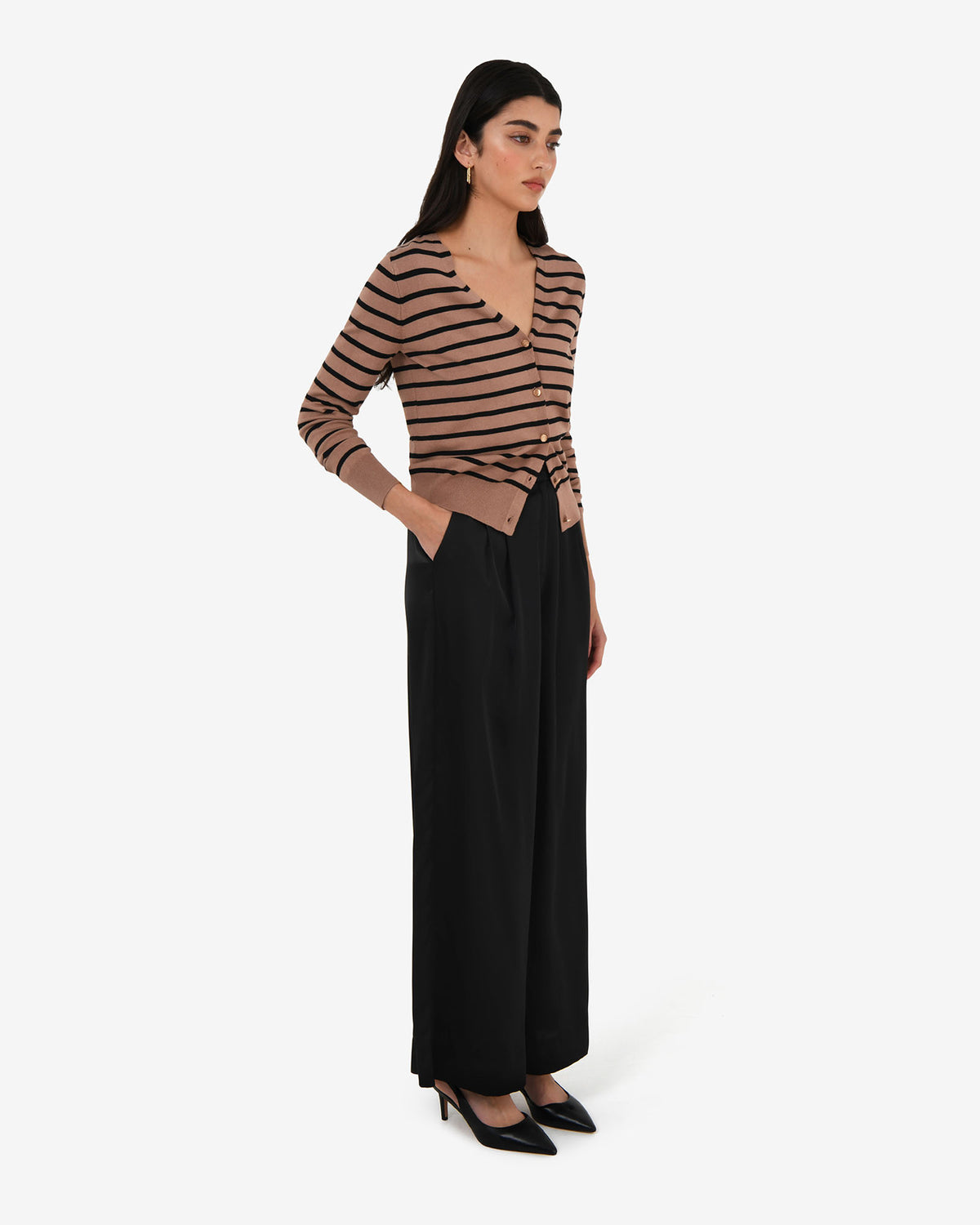 Arabell V-neck Stripe Cardigan in beige black — side view