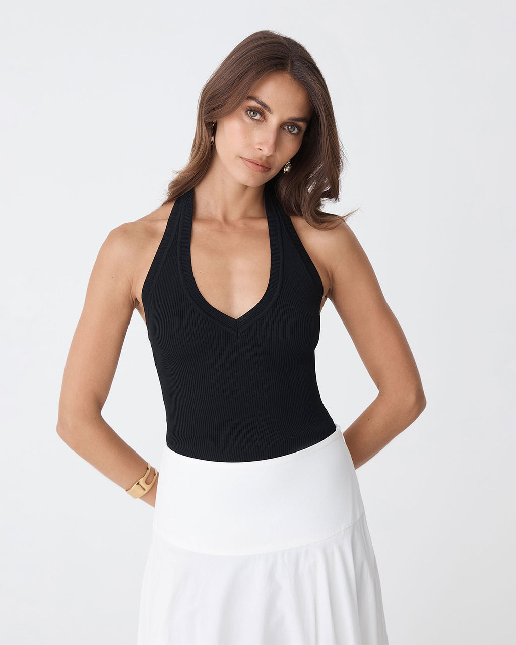 Chantell Halter Knit Top in black — close-up view