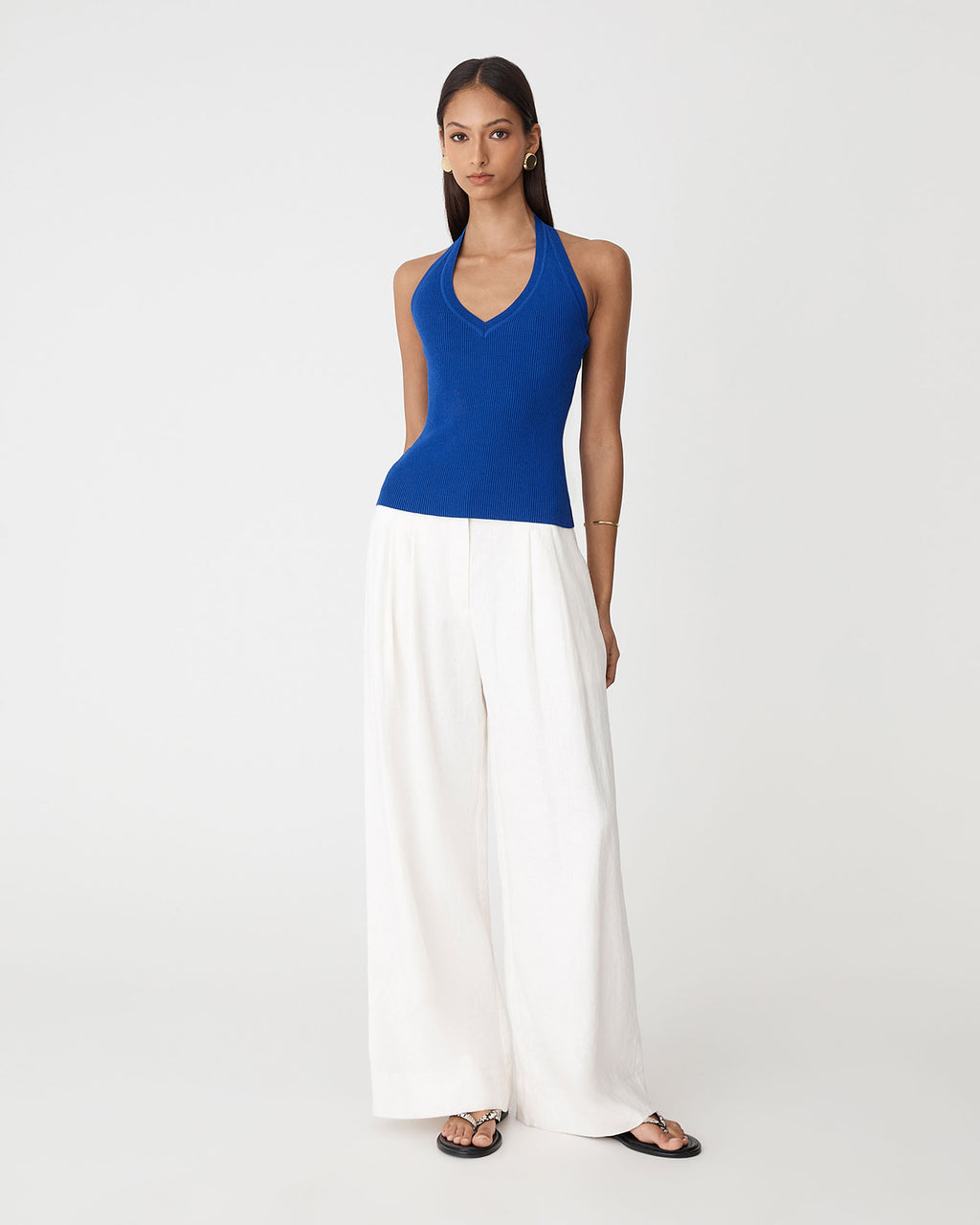Chantell Halter Knit Top in cobalt — full-length view