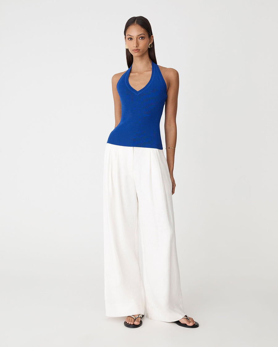 Chantell Halter Knit Top in cobalt — full-length view