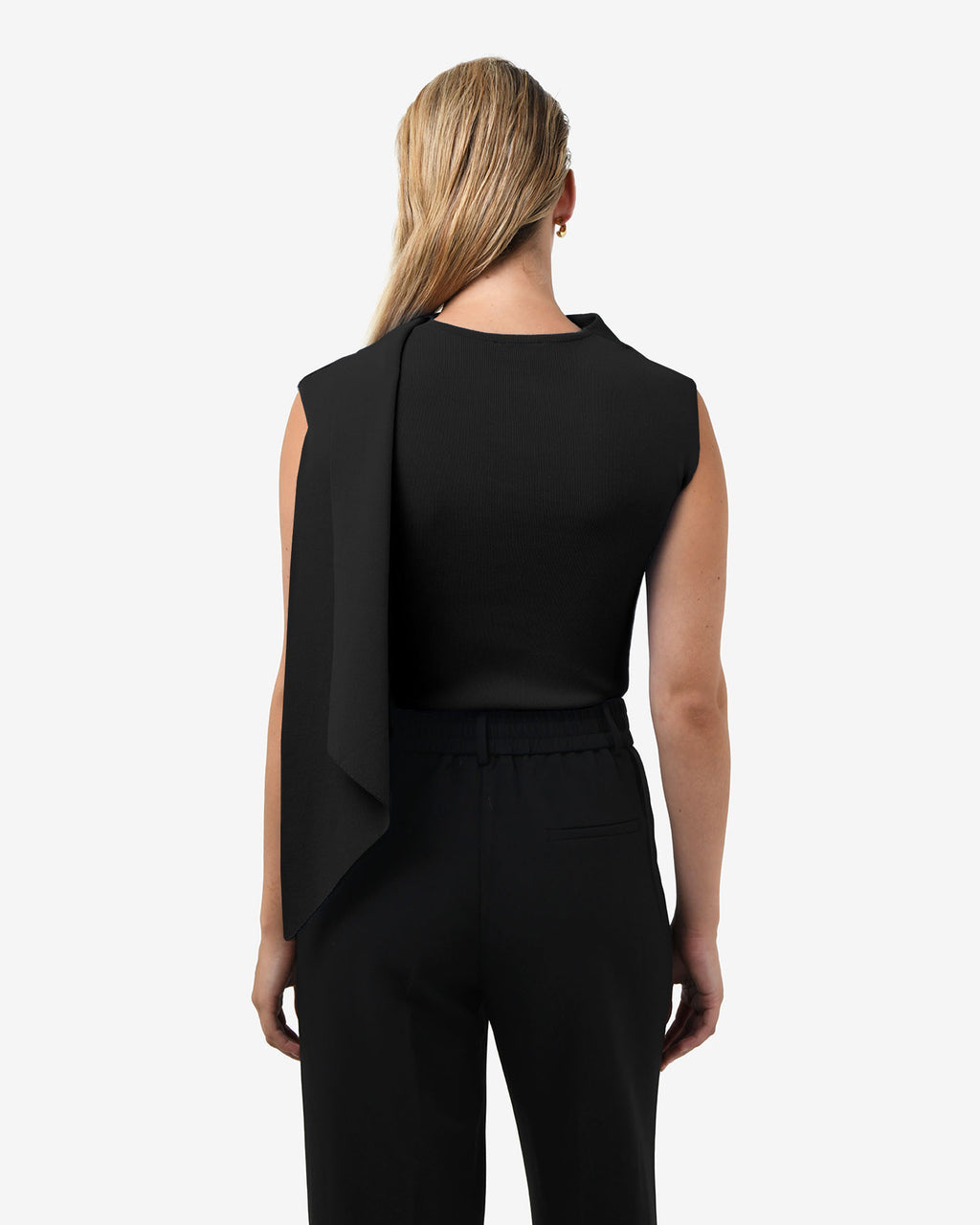 Isadora V-Neck Scarf Knit Top in black — back view