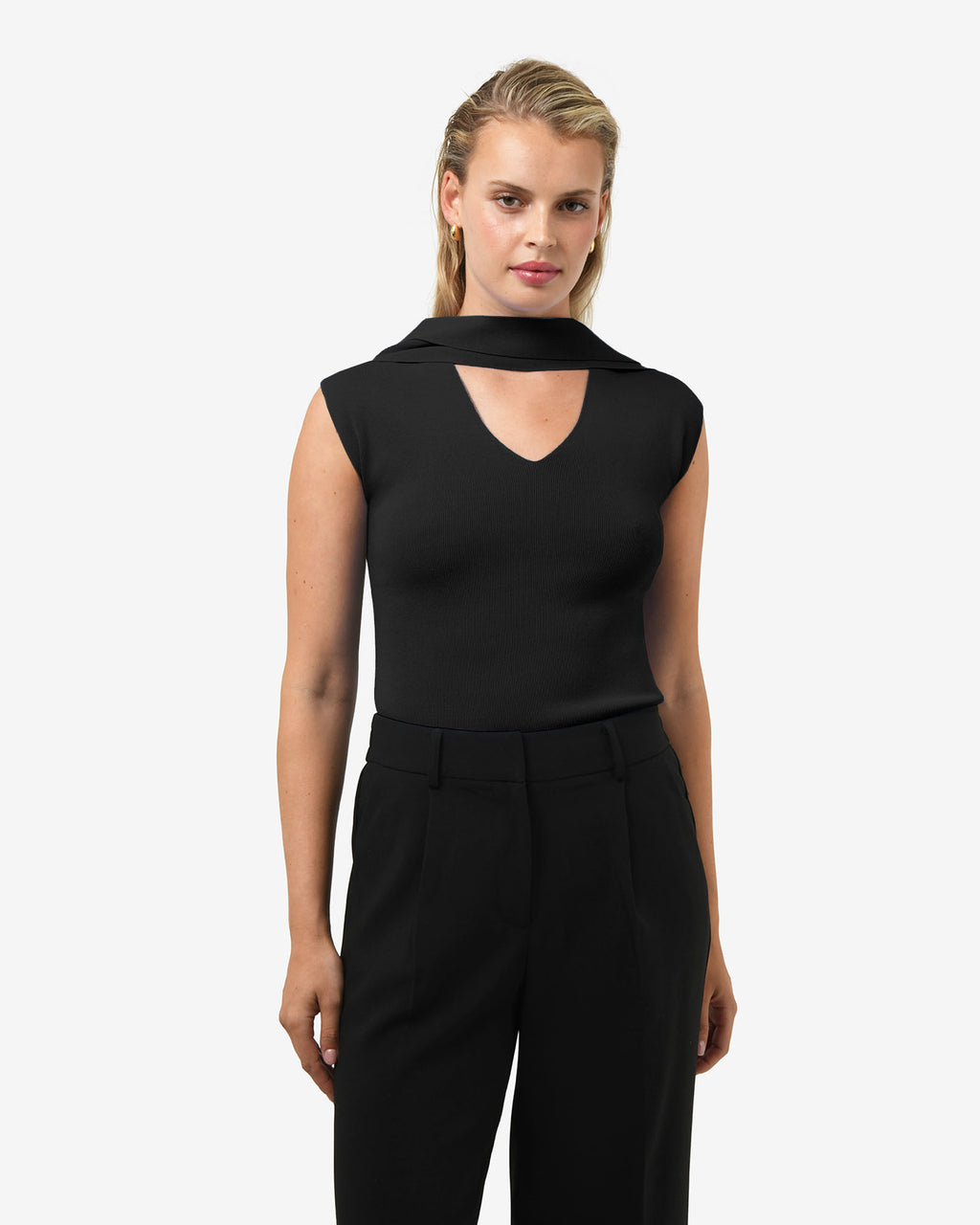 Isadora V-Neck Scarf Knit Top in black — close-up view