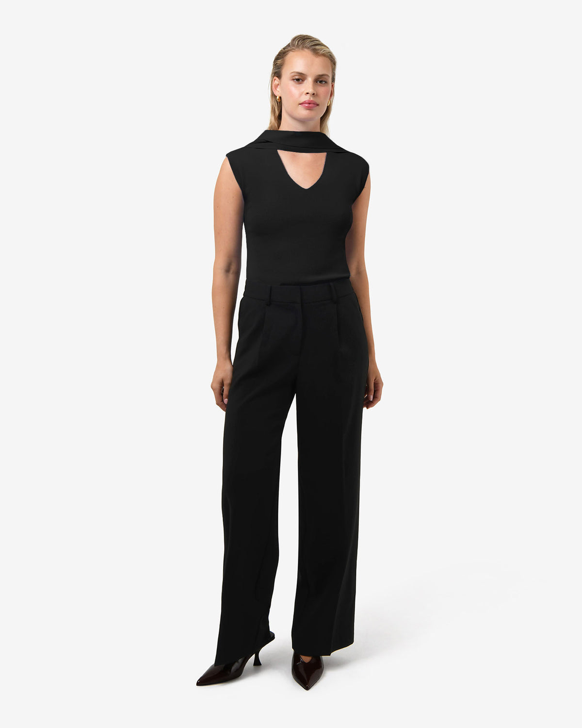 Isadora V-Neck Scarf Knit Top in black — full-length view