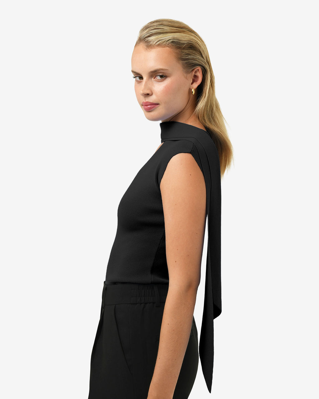 Isadora V-Neck Scarf Knit Top in black — side view
