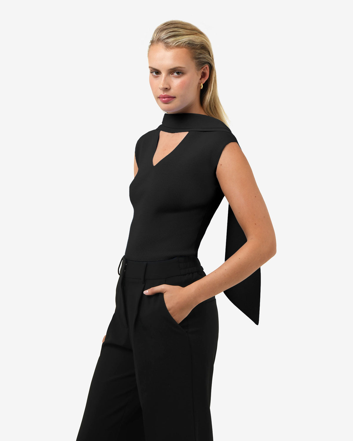 Isadora V-Neck Scarf Knit Top in black — side view 2
