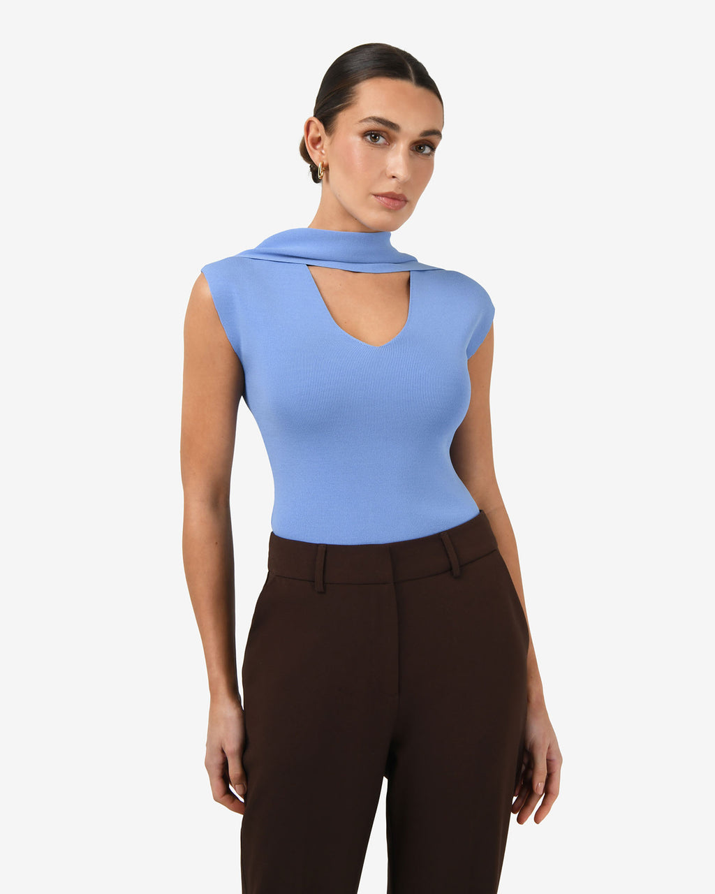 Isadora V-Neck Scarf Knit Top in periwinkle — close-up view