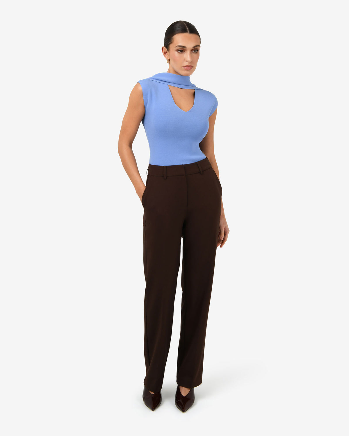 Isadora V-Neck Scarf Knit Top in periwinkle — full-length view