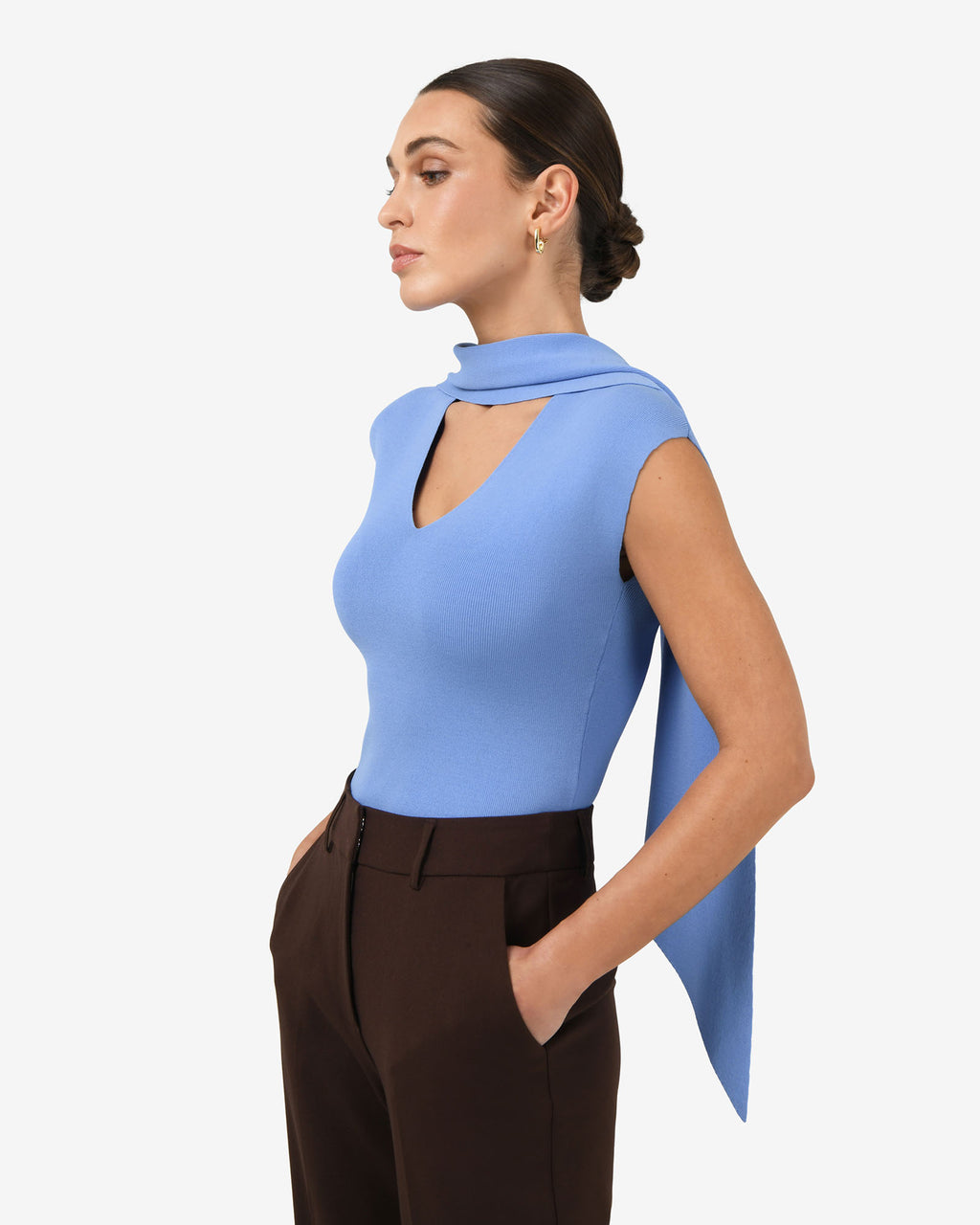 Isadora V-Neck Scarf Knit Top in periwinkle — side view