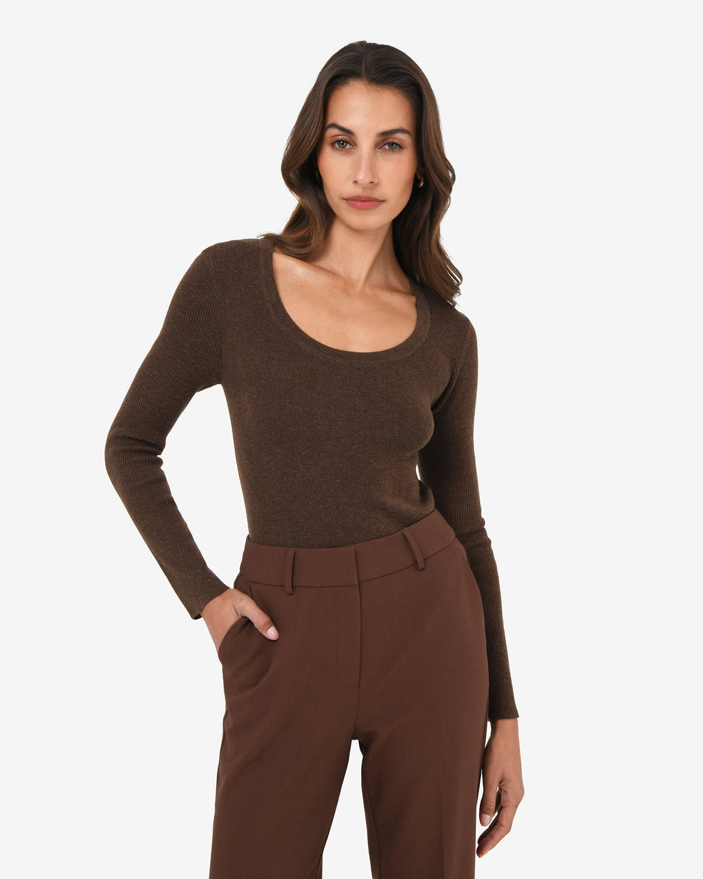 Samira Scoop Neck Knit in chocolate — close-up view