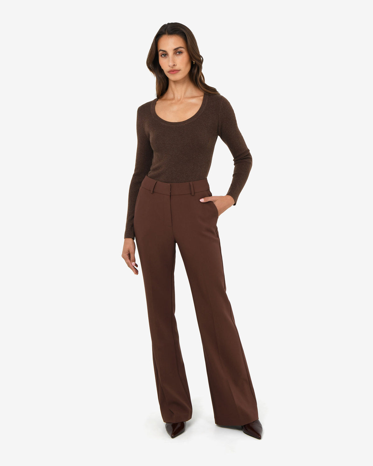Samira Scoop Neck Knit in chocolate — full-length view