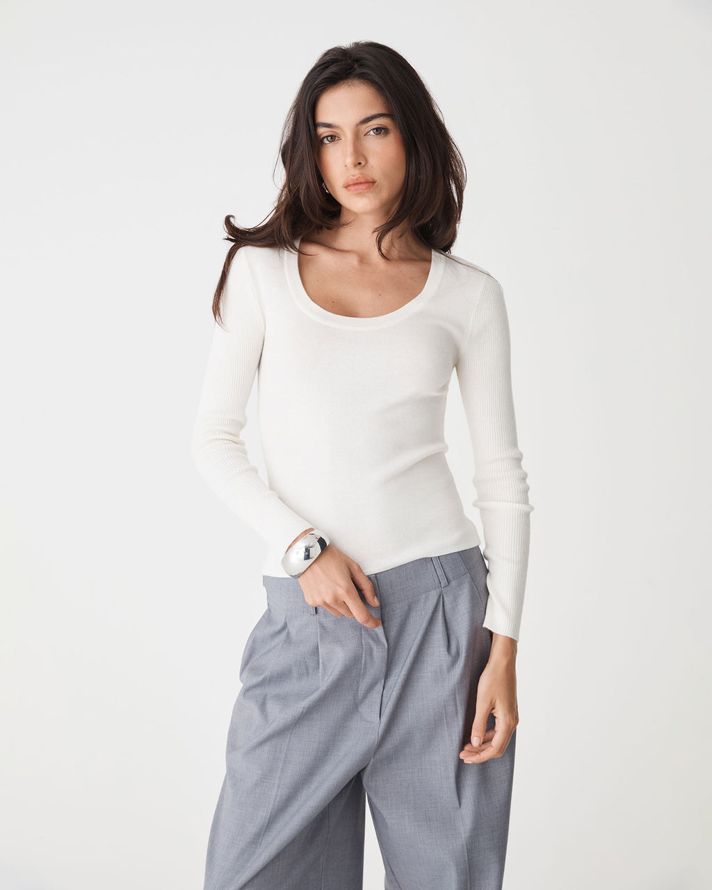 Samira Scoop Neck Knit in ivory — close-up view