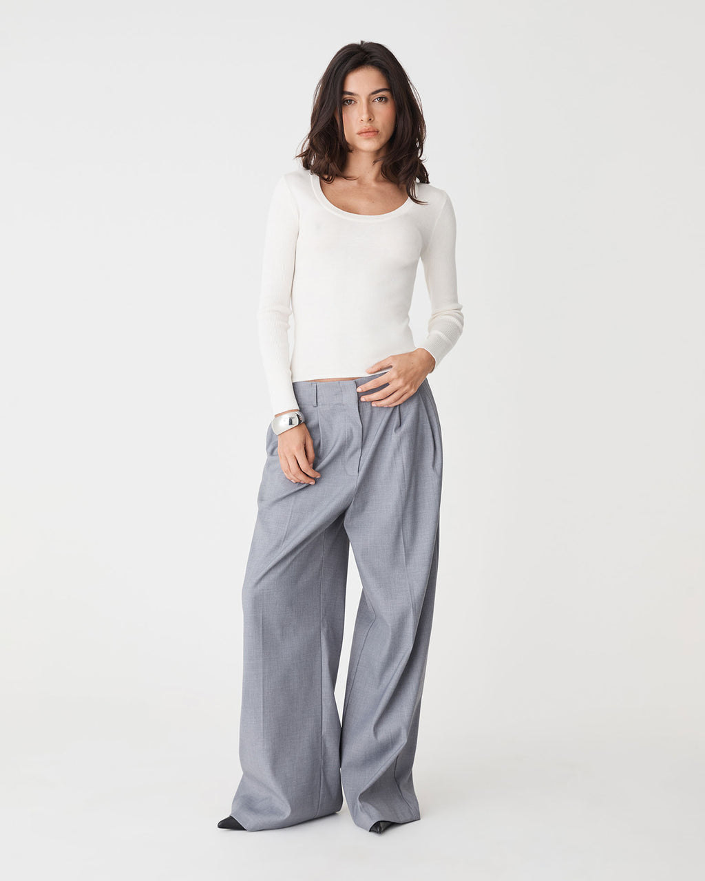 Samira Scoop Neck Knit in ivory — full-length view