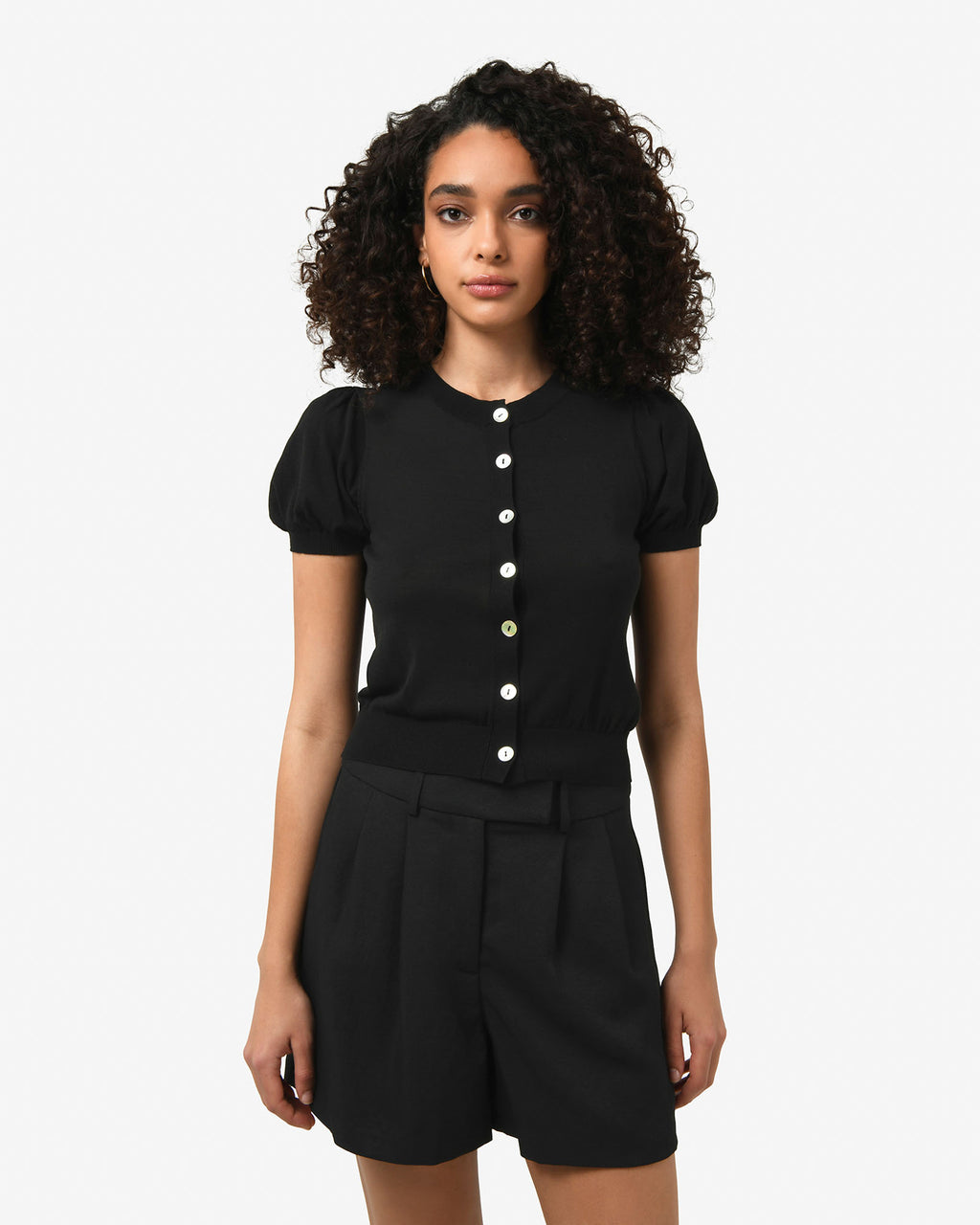 Cindy Puff Sleeve Cardigan in black — close-up view