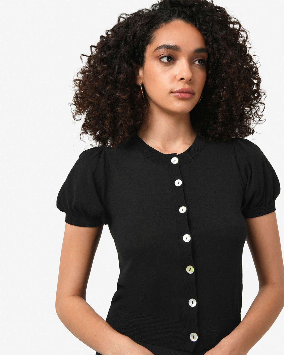 Cindy Puff Sleeve Cardigan in black — fabric detail