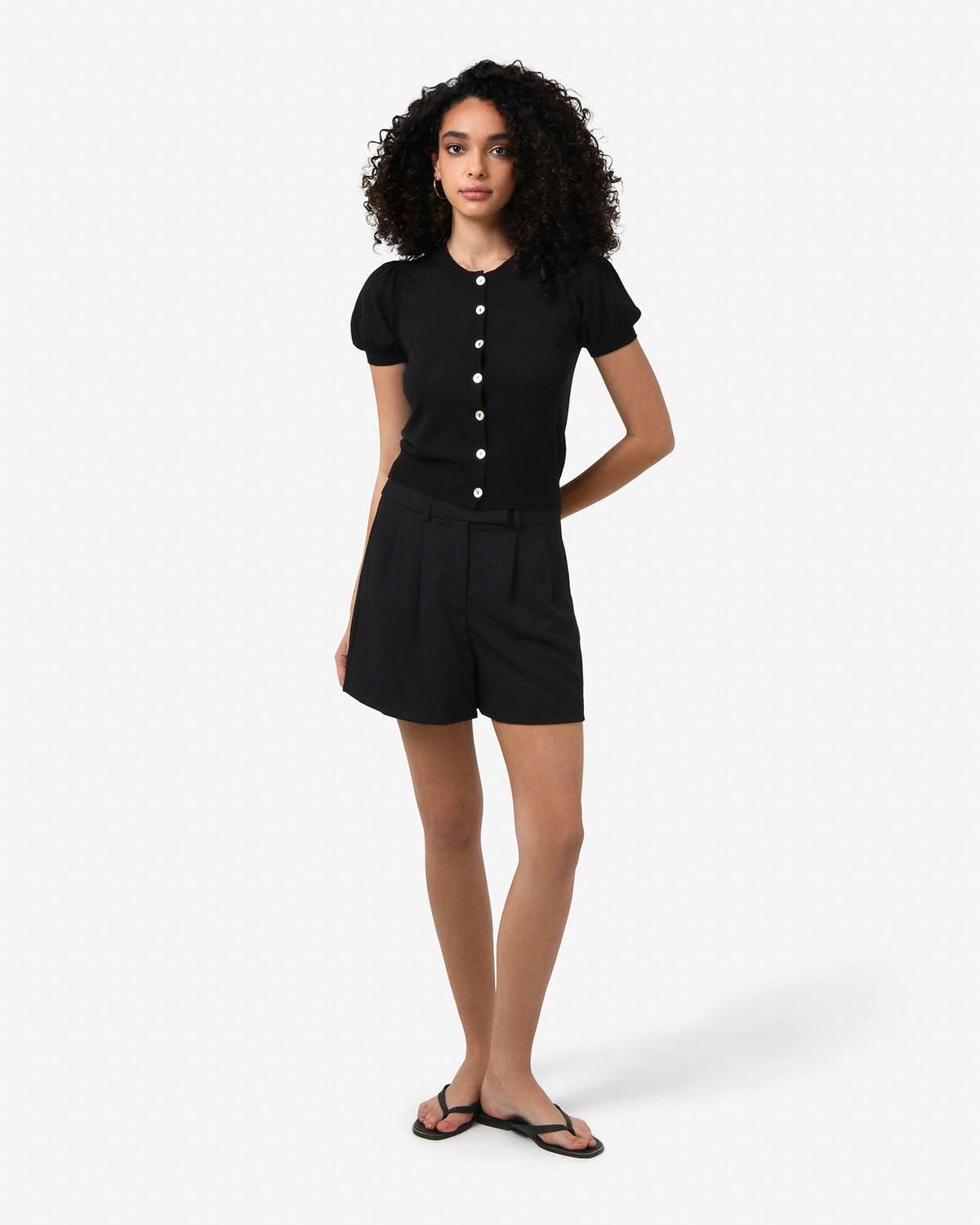 Cindy Puff Sleeve Cardigan in black — full-length view