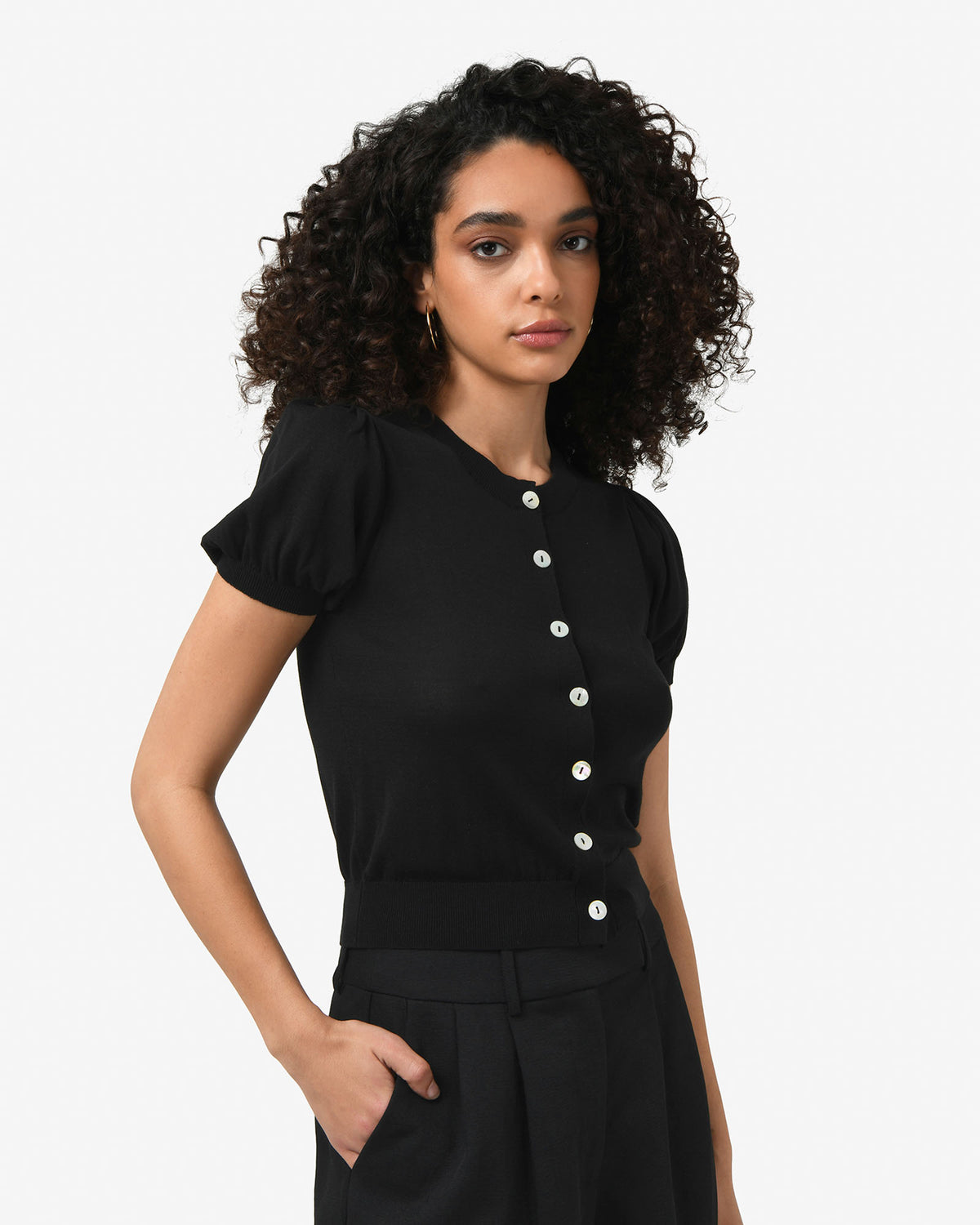 Cindy Puff Sleeve Cardigan in black — side view