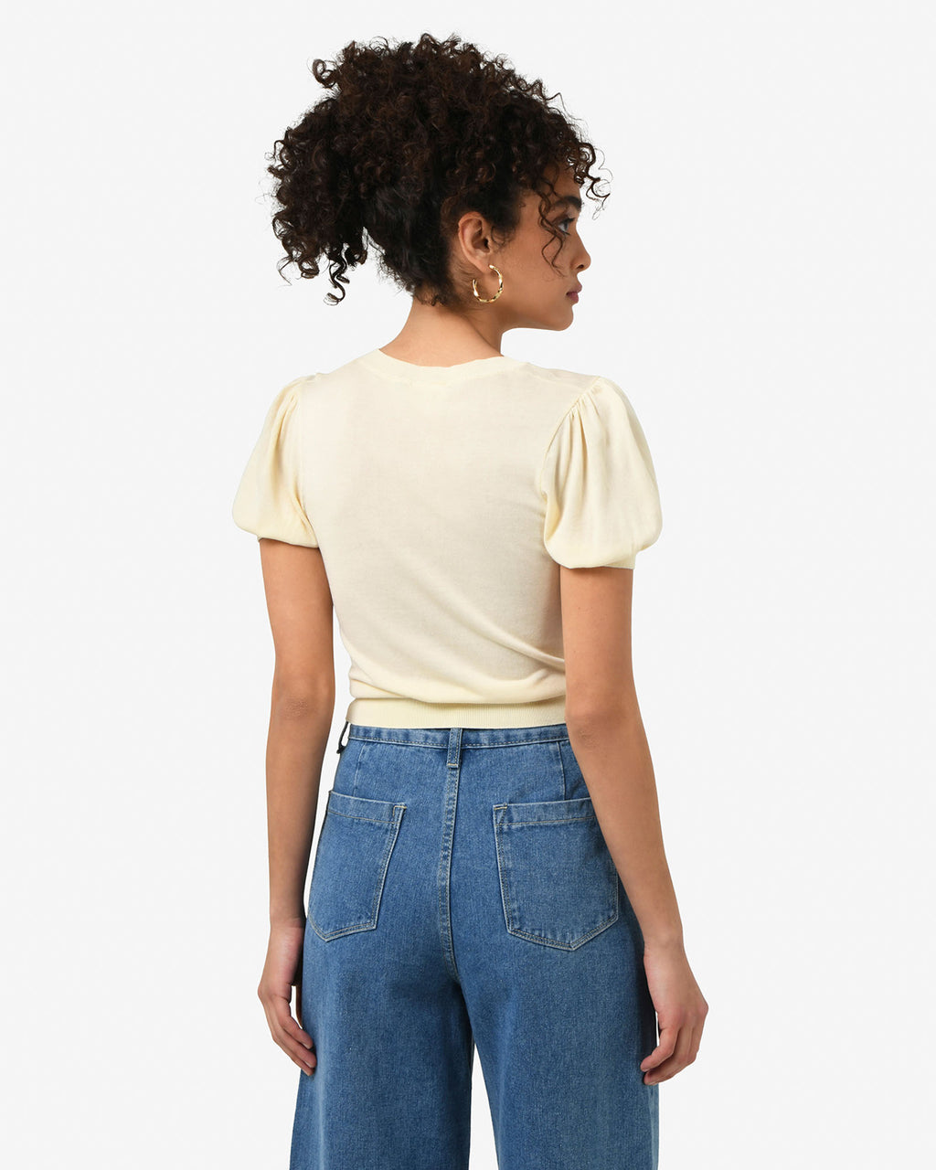 Cindy Puff Sleeve Cardigan in butter — back view