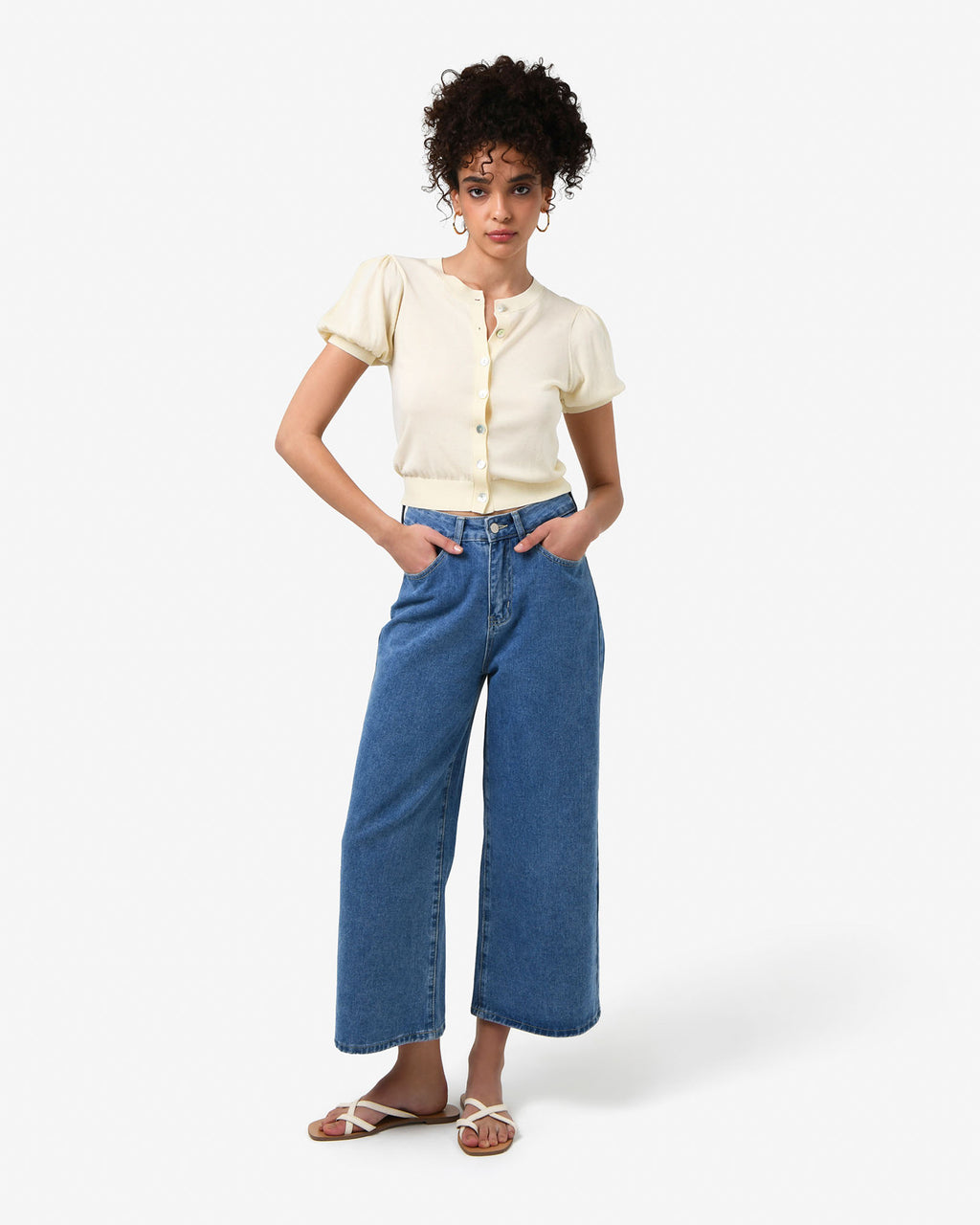 Cindy Puff Sleeve Cardigan in butter — full-length view