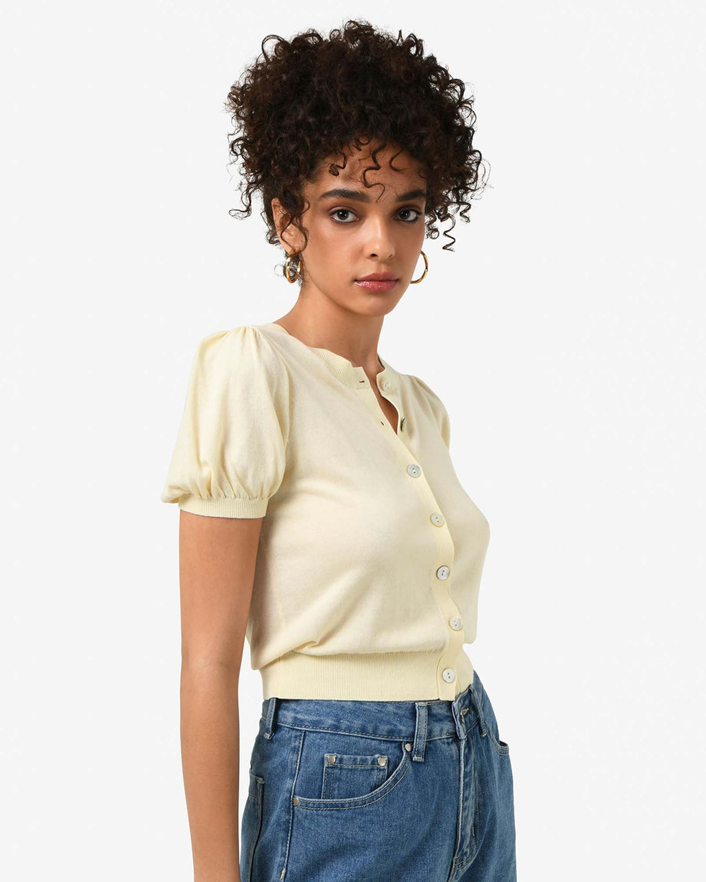 Cindy Puff Sleeve Cardigan in butter — side view