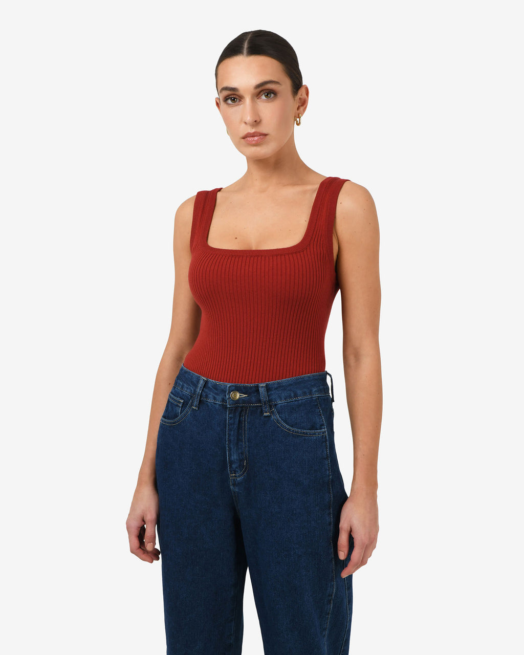 Ella Square Neck Rib Knit in clay — close-up view