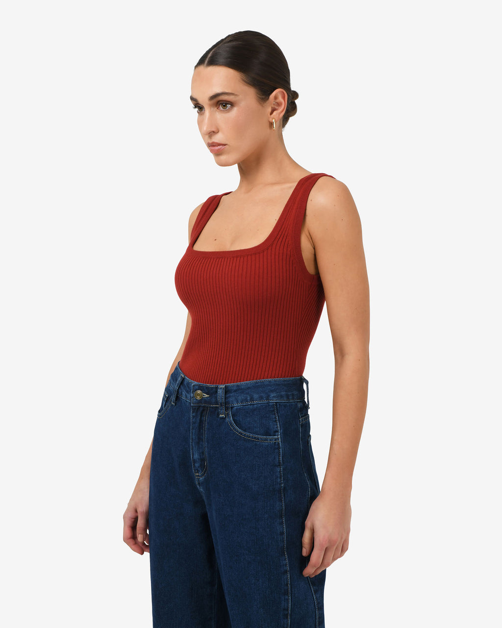 Ella Square Neck Rib Knit in clay — side view