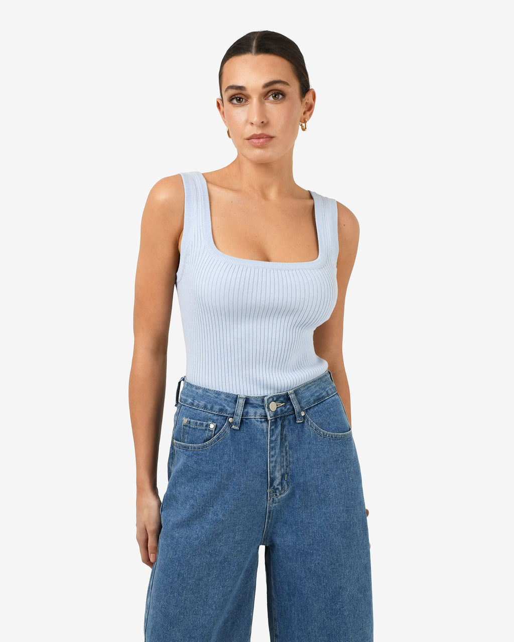 Ella Square Neck Rib Knit in sky blue — close-up view